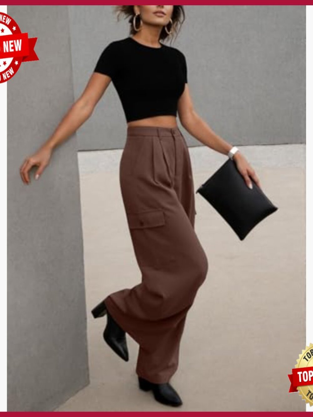 High Waisted Wide Leg Cargo Pants with 4 Pockets Casual Work Pants - Picture 4 of 6